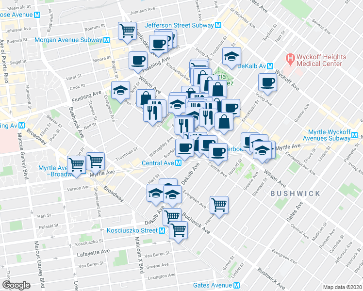 map of restaurants, bars, coffee shops, grocery stores, and more near 1039 Willoughby Avenue in Brooklyn