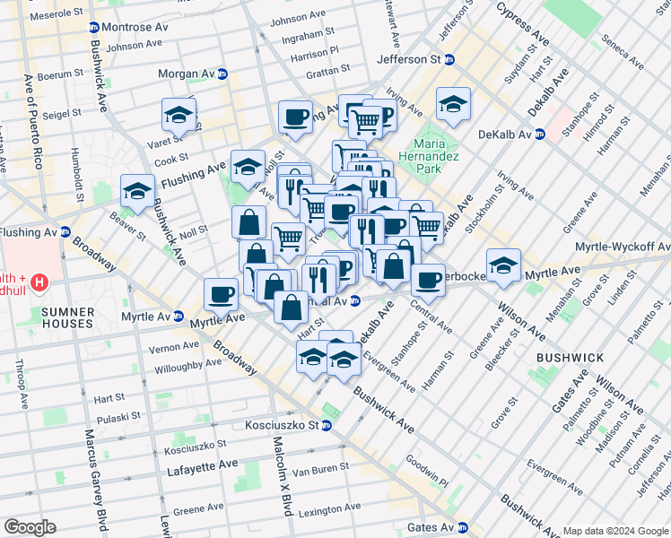 map of restaurants, bars, coffee shops, grocery stores, and more near 128 Troutman Street in Brooklyn