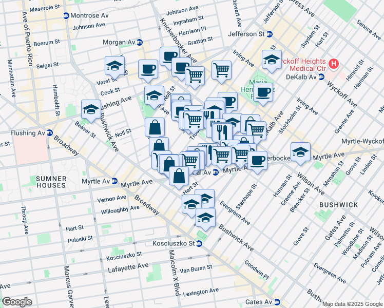 map of restaurants, bars, coffee shops, grocery stores, and more near 128 Troutman Street in Brooklyn