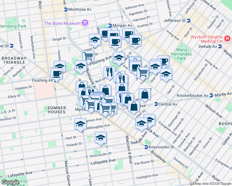 map of restaurants, bars, coffee shops, grocery stores, and more near 107 Melrose Street in Brooklyn