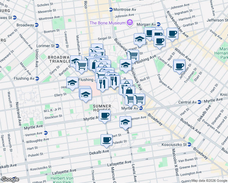 map of restaurants, bars, coffee shops, grocery stores, and more near 823 Broadway in Brooklyn