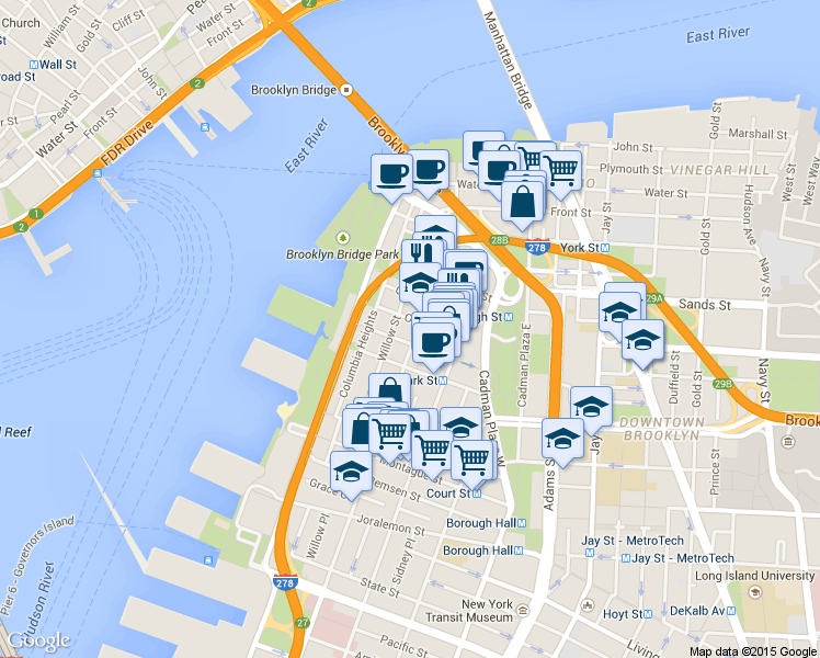 map of restaurants, bars, coffee shops, grocery stores, and more near 12 Orange Street in Brooklyn