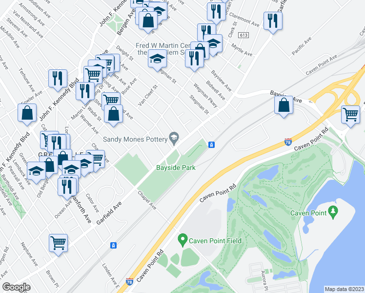 map of restaurants, bars, coffee shops, grocery stores, and more near 538 Garfield Avenue in Jersey City