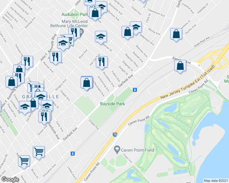 map of restaurants, bars, coffee shops, grocery stores, and more near 13 Woodlawn Avenue in Jersey City