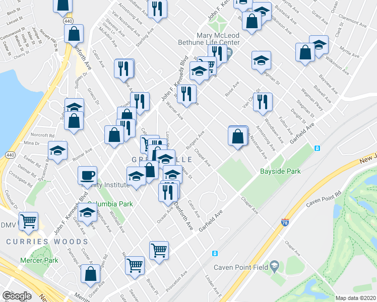 map of restaurants, bars, coffee shops, grocery stores, and more near 61A Rutgers Avenue in Jersey City