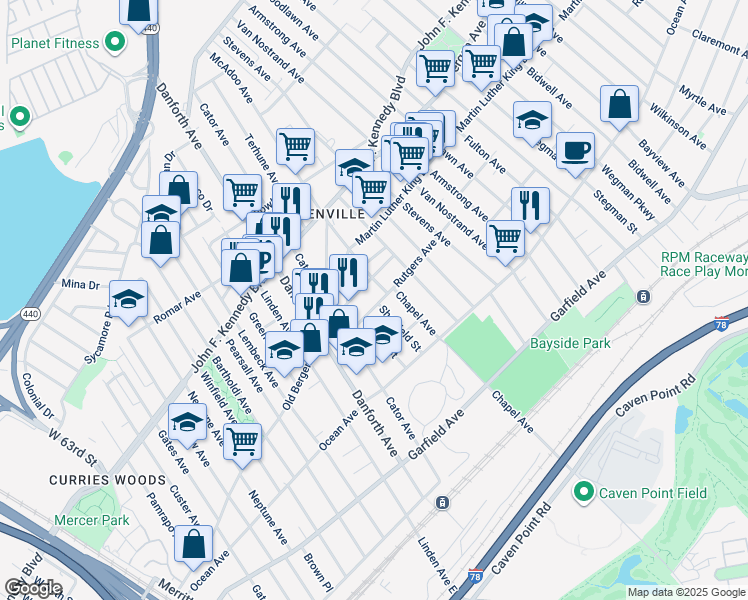 map of restaurants, bars, coffee shops, grocery stores, and more near 61A Rutgers Avenue in Jersey City