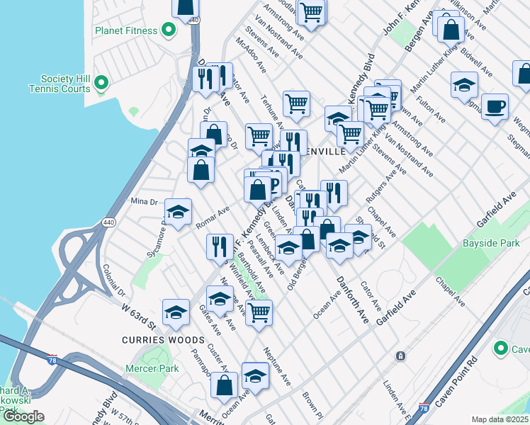 map of restaurants, bars, coffee shops, grocery stores, and more near 1707 John F. Kennedy Boulevard in North Bergen