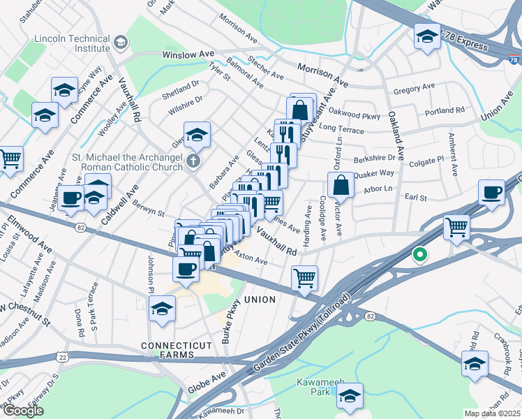 map of restaurants, bars, coffee shops, grocery stores, and more near 1231 Kirkman Place in Union