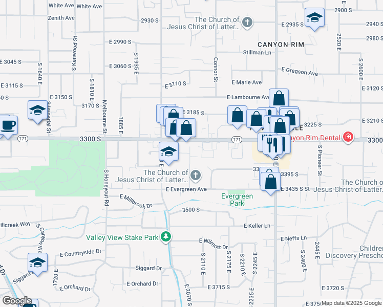 map of restaurants, bars, coffee shops, grocery stores, and more near 2070 East 3335 South in Salt Lake City