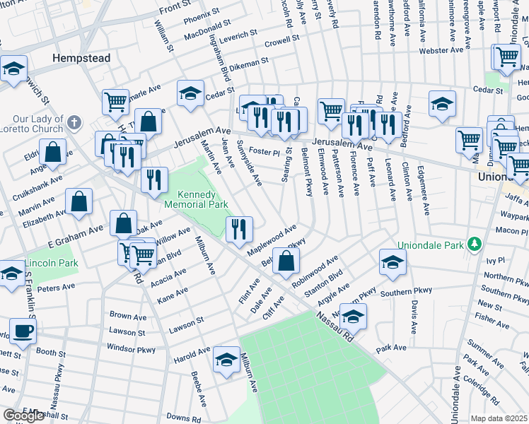 map of restaurants, bars, coffee shops, grocery stores, and more near 95 Jean Avenue in Hempstead
