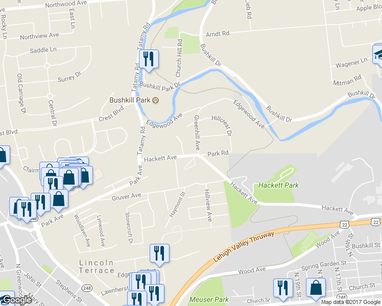 map of restaurants, bars, coffee shops, grocery stores, and more near 2107 Hackett Avenue in Easton