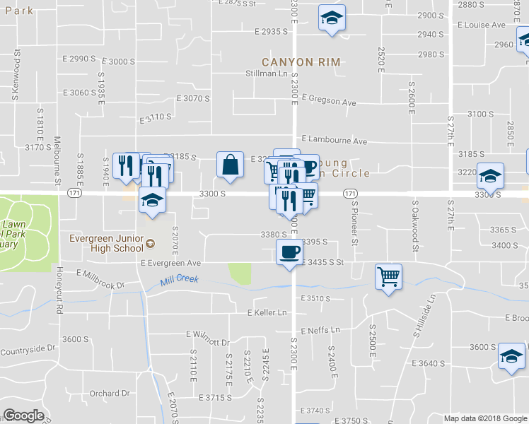 map of restaurants, bars, coffee shops, grocery stores, and more near 2230 East 3300 South in Salt Lake City
