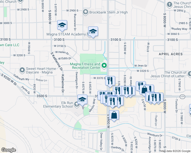 map of restaurants, bars, coffee shops, grocery stores, and more near 8488 West 3370 South in Magna