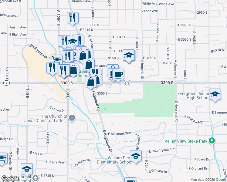 map of restaurants, bars, coffee shops, grocery stores, and more near 1535 East 3350 South in Salt Lake City