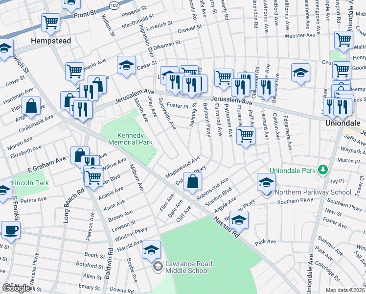 map of restaurants, bars, coffee shops, grocery stores, and more near 37 Searing Street in Hempstead