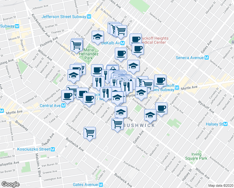 map of restaurants, bars, coffee shops, grocery stores, and more near 247 Harman Street in Brooklyn