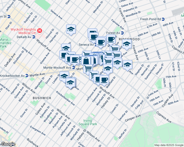 map of restaurants, bars, coffee shops, grocery stores, and more near 16-25 Putnam Avenue in Queens