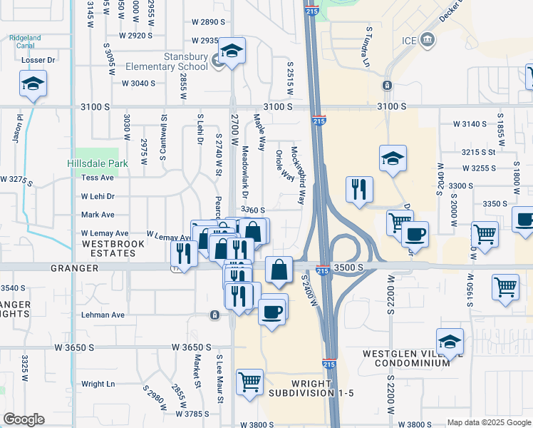 map of restaurants, bars, coffee shops, grocery stores, and more near 3369 Maple Way in West Valley City