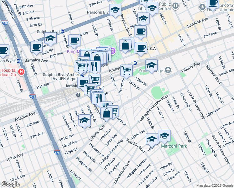 map of restaurants, bars, coffee shops, grocery stores, and more near 95-15 150th Street in Queens