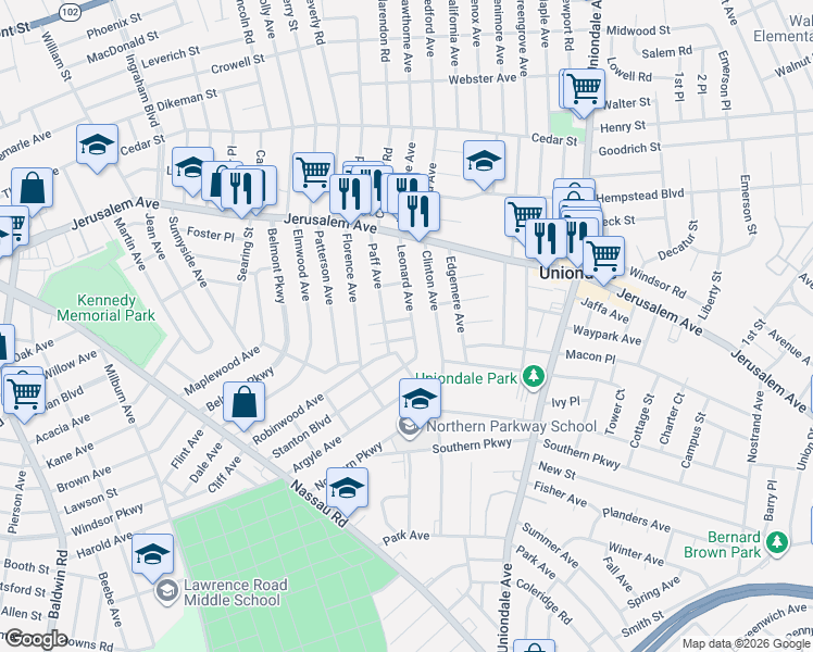 map of restaurants, bars, coffee shops, grocery stores, and more near 615 Paff Avenue in Uniondale