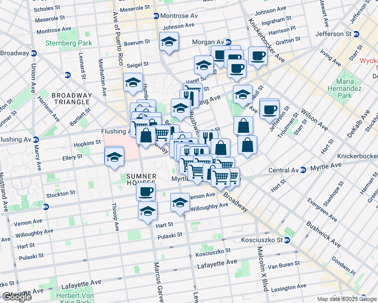 map of restaurants, bars, coffee shops, grocery stores, and more near 21 Belvidere Street in Brooklyn