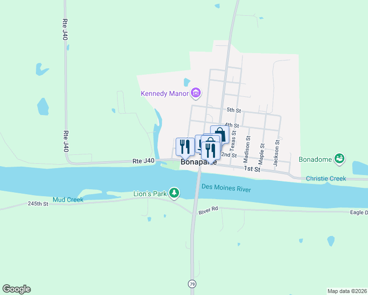 map of restaurants, bars, coffee shops, grocery stores, and more near 201 West Street in Bonaparte