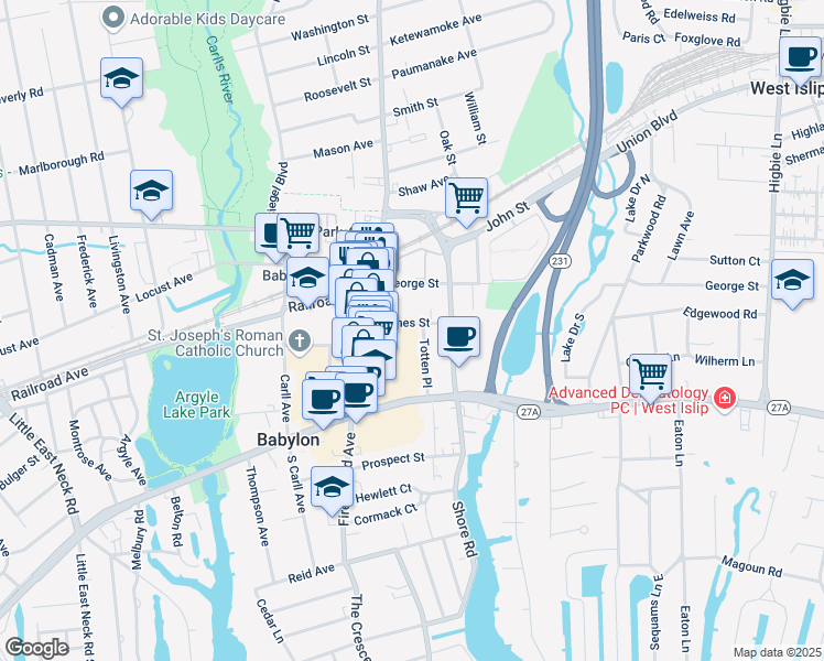 map of restaurants, bars, coffee shops, grocery stores, and more near 38 James Street in Babylon