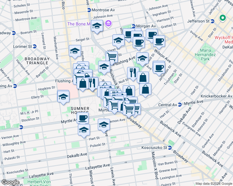 map of restaurants, bars, coffee shops, grocery stores, and more near 75 Beaver Street in Brooklyn