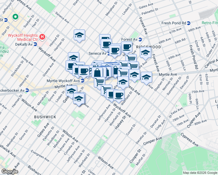 map of restaurants, bars, coffee shops, grocery stores, and more near 1642 Putnam Avenue in Queens