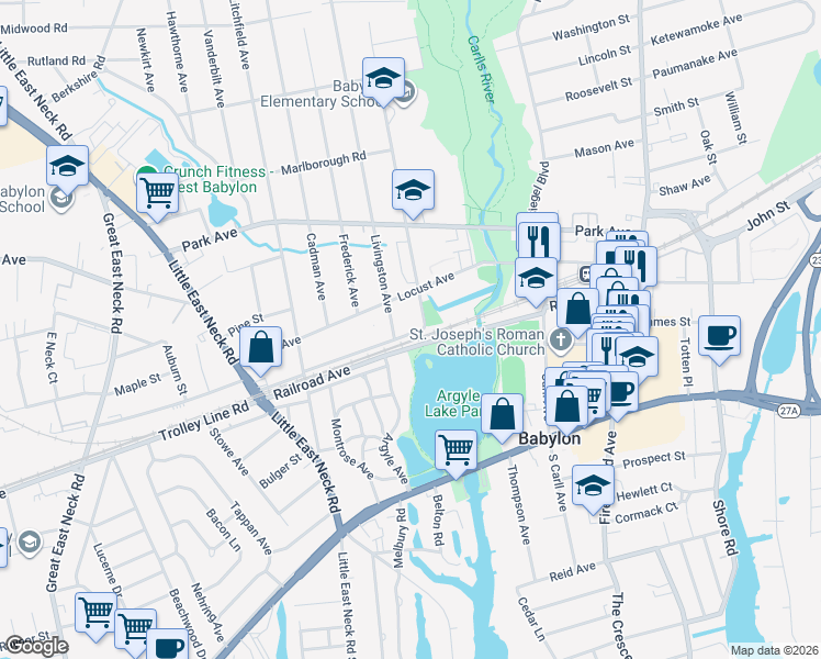 map of restaurants, bars, coffee shops, grocery stores, and more near 95 North Railroad Avenue in Babylon
