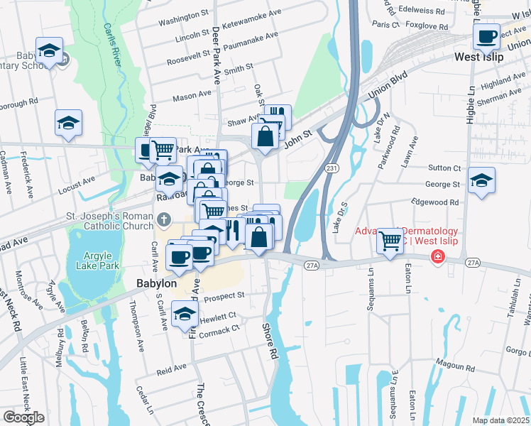 map of restaurants, bars, coffee shops, grocery stores, and more near 55 Cooper Street in Babylon