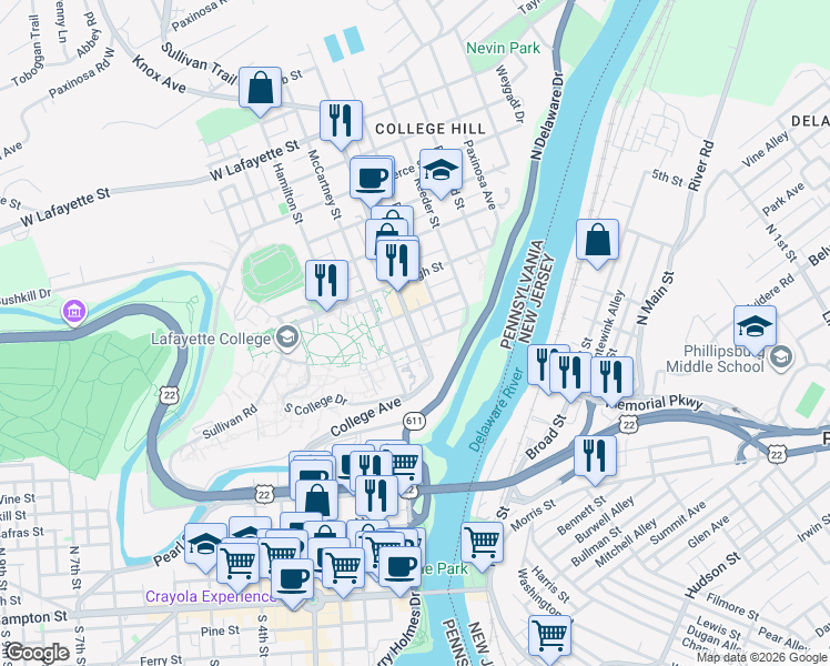map of restaurants, bars, coffee shops, grocery stores, and more near 512 March Street in Easton