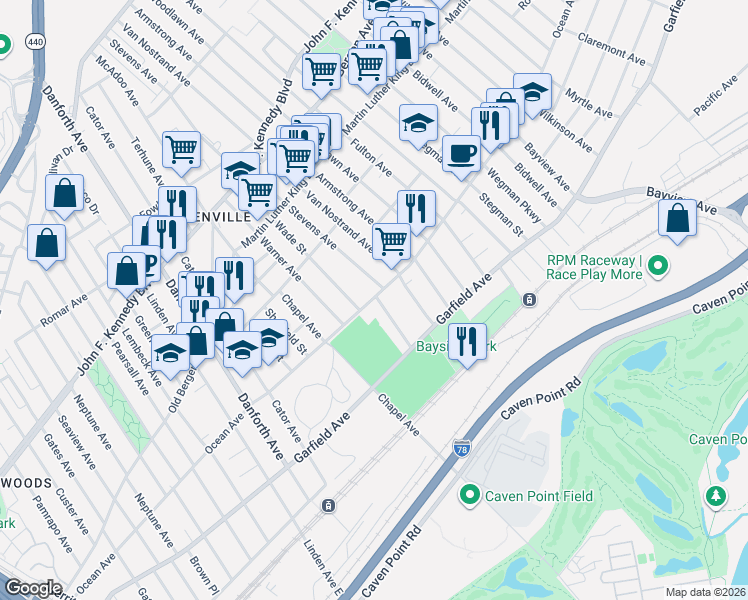 map of restaurants, bars, coffee shops, grocery stores, and more near 23 Stevens Avenue in Jersey City