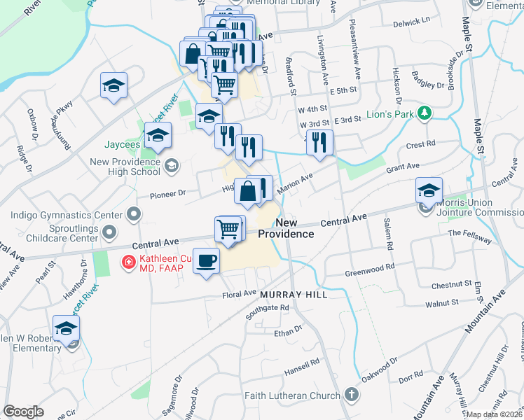 map of restaurants, bars, coffee shops, grocery stores, and more near 219 South Street in New Providence