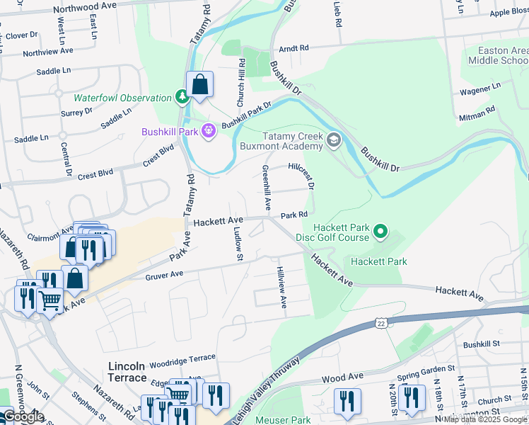 map of restaurants, bars, coffee shops, grocery stores, and more near 2101 Hackett Avenue in Easton