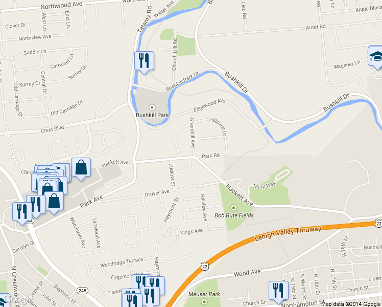 map of restaurants, bars, coffee shops, grocery stores, and more near 2101 Hackett Avenue in Easton