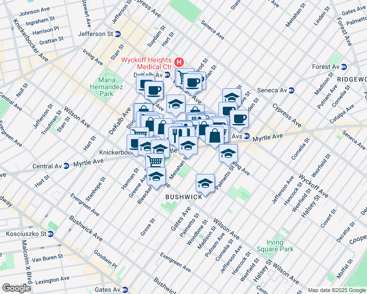 map of restaurants, bars, coffee shops, grocery stores, and more near 275 Bleecker Street in Brooklyn