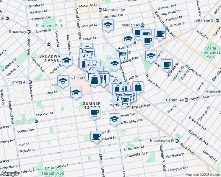 map of restaurants, bars, coffee shops, grocery stores, and more near 24 Park Street in Brooklyn
