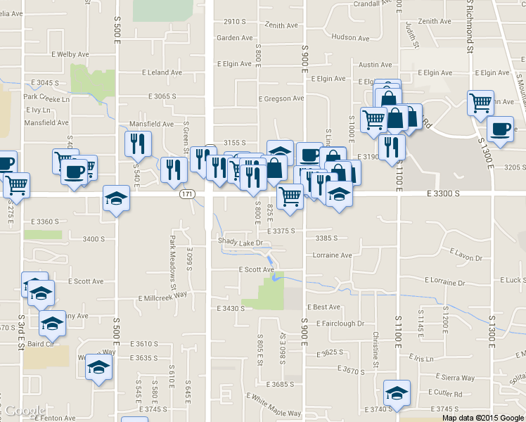 map of restaurants, bars, coffee shops, grocery stores, and more near 3334 825 East in Millcreek