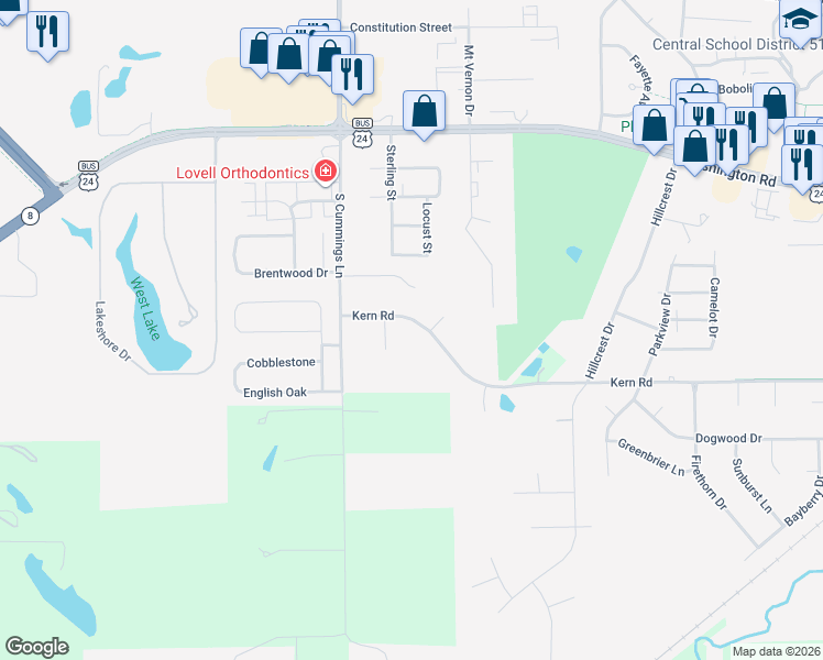 map of restaurants, bars, coffee shops, grocery stores, and more near 1823 Kern Road in Washington