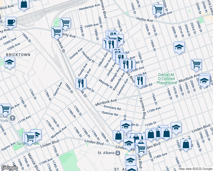 map of restaurants, bars, coffee shops, grocery stores, and more near 188-11 Mangin Avenue in Queens