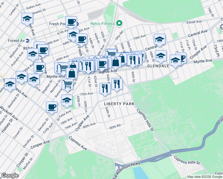 map of restaurants, bars, coffee shops, grocery stores, and more near 7445 64th Place in Queens