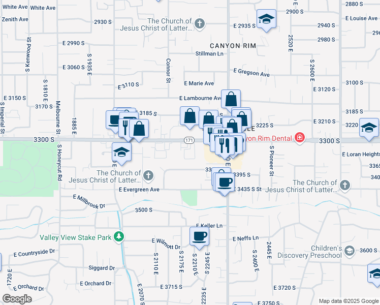 map of restaurants, bars, coffee shops, grocery stores, and more near 2174 East 3300 South in Salt Lake City