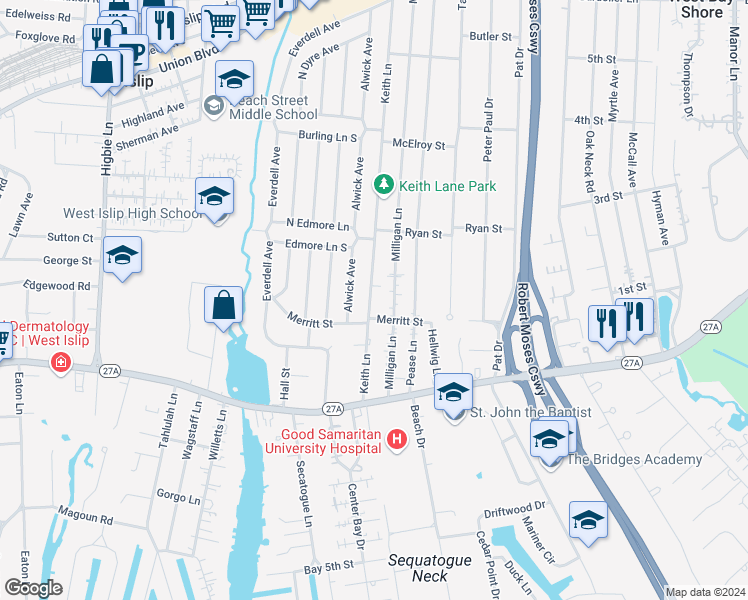 map of restaurants, bars, coffee shops, grocery stores, and more near 541 Alwick Avenue in West Islip