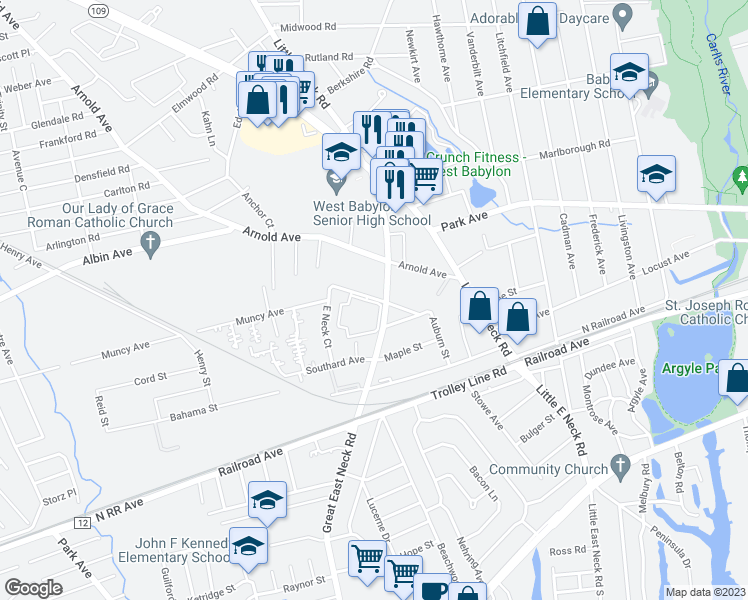 map of restaurants, bars, coffee shops, grocery stores, and more near 363 Great East Neck Road in West Babylon