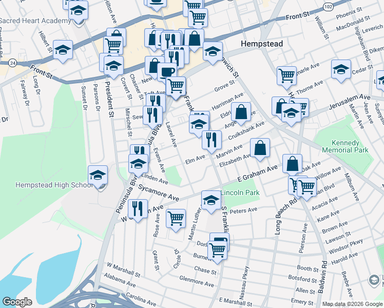 map of restaurants, bars, coffee shops, grocery stores, and more near 28 Maple Avenue in Hempstead