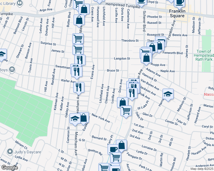 map of restaurants, bars, coffee shops, grocery stores, and more near 339 Clement Avenue in Elmont