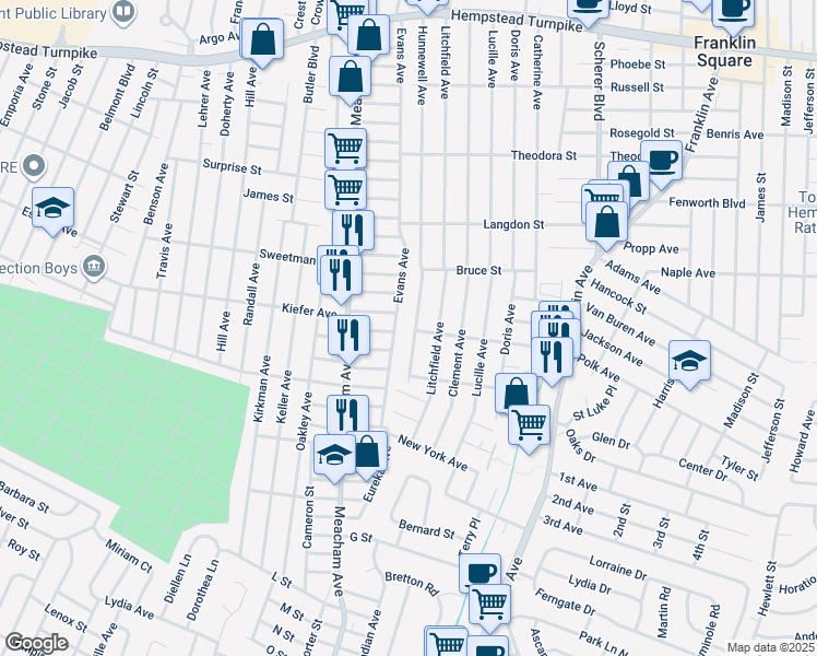 map of restaurants, bars, coffee shops, grocery stores, and more near 316 Evans Avenue in Elmont