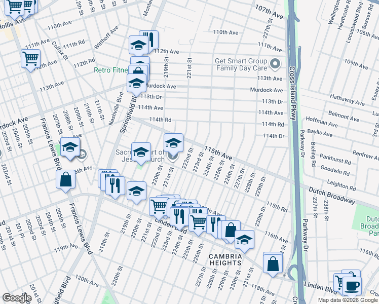 map of restaurants, bars, coffee shops, grocery stores, and more near 115-01 222nd Street in Queens