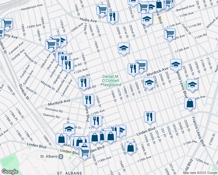 map of restaurants, bars, coffee shops, grocery stores, and more near 113-01 196th Street in Queens